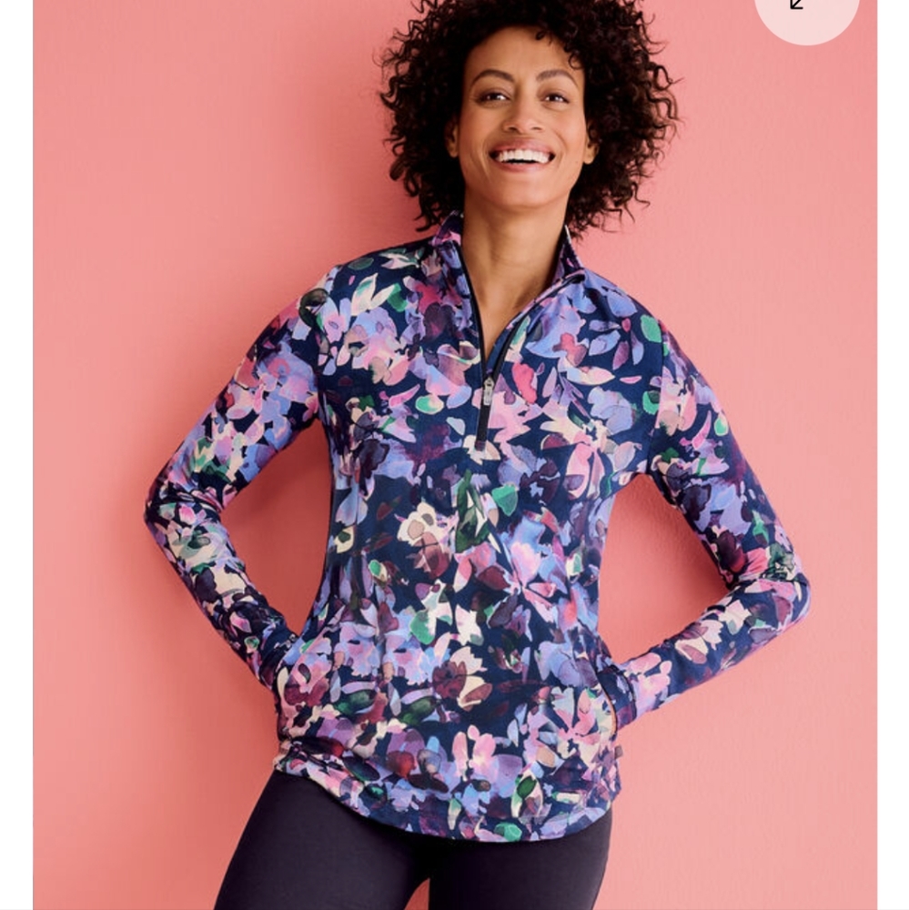 T by Talbots Navy Blue Floral Print 1/2 Zip Mockneck Athletic Jacket